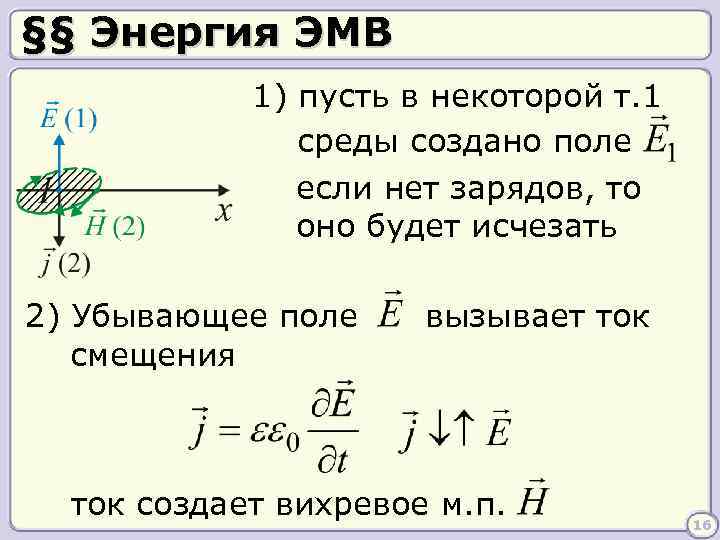 §§ Энергия ЭМВ 1) пусть в некоторой т. 1 среды создано поле если нет