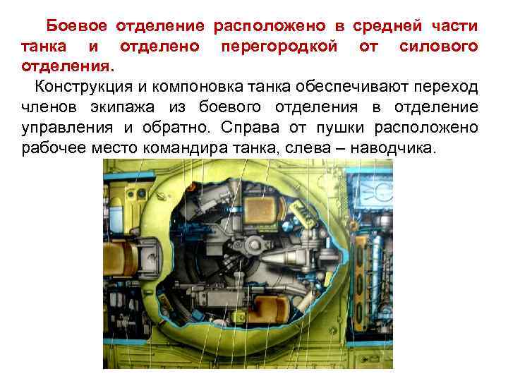 Боевое отделение расположено в средней части танка и отделено перегородкой от силового отделения. Конструкция