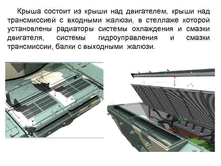 Крыша состоит из крыши над двигателем, крыши над трансмиссией с входными жалюзи, в стеллаже