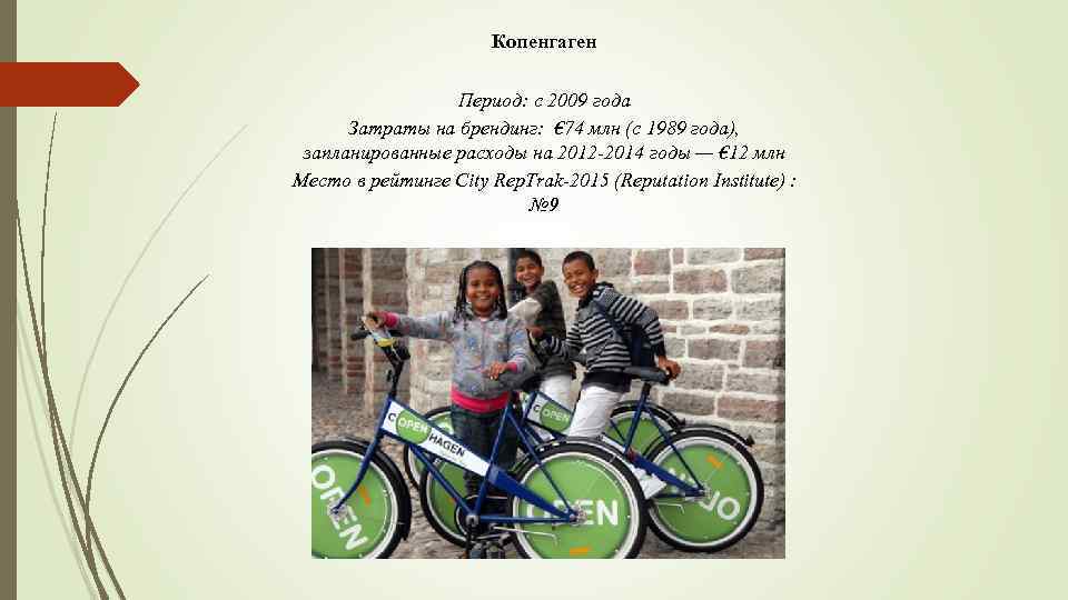 Копенгаген Период: с 2009 года Затраты на брендинг: € 74 млн (с 1989 года),