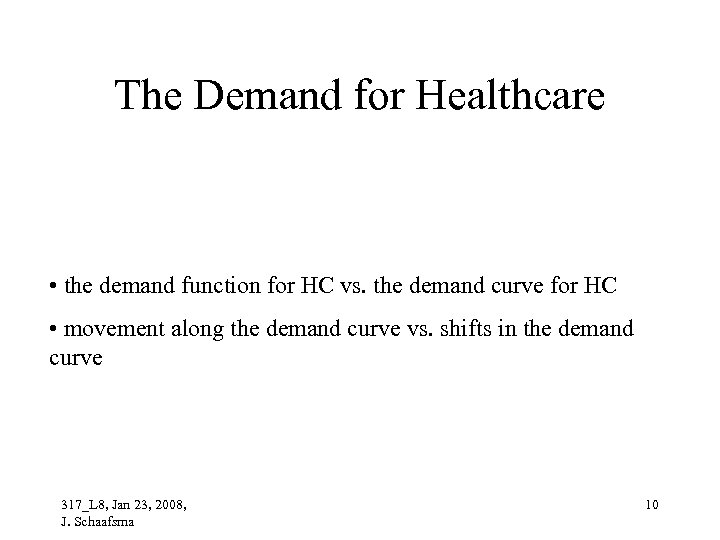 The Demand for Healthcare • the demand function for HC vs. the demand curve