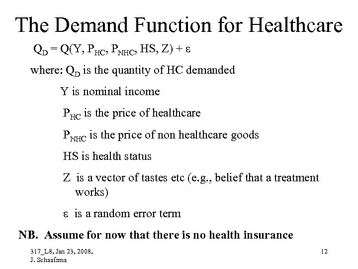 The Demand Function for Healthcare QD = Q(Y, PHC, PNHC, HS, Z) + where: