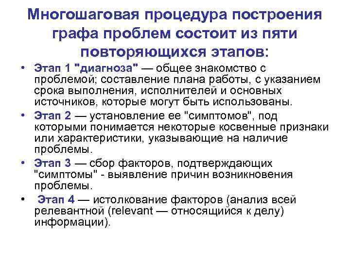 Многошаговая процедура построения графа проблем состоит из пяти повторяющихся этапов: • Этап 1 "диагноза"