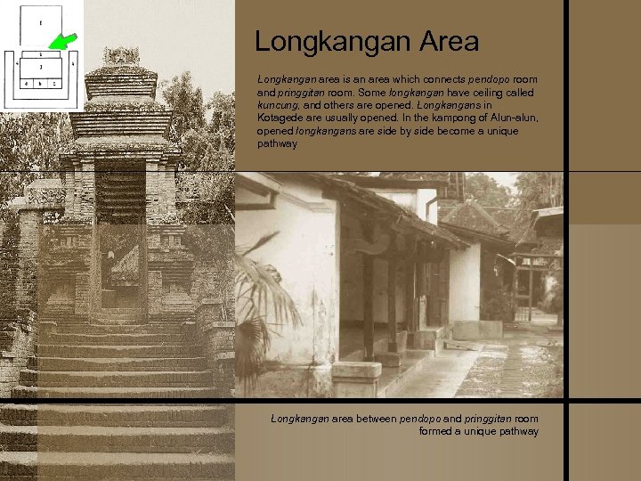 Longkangan Area Longkangan area is an area which connects pendopo room and pringgitan room.