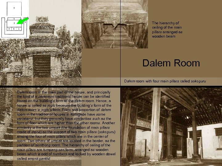 The hierarchy of ceiling of the main pillars arranged as wooden beam Dalem Room