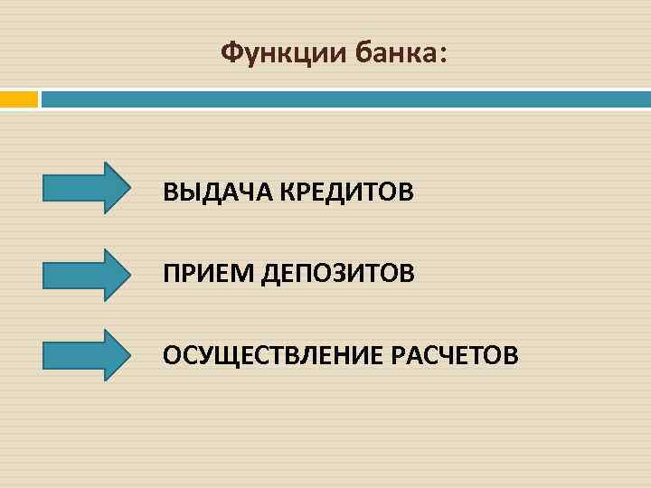 Функции банка: ВЫДАЧА КРЕДИТОВ ПРИЕМ ДЕПОЗИТОВ ОСУЩЕСТВЛЕНИЕ РАСЧЕТОВ 