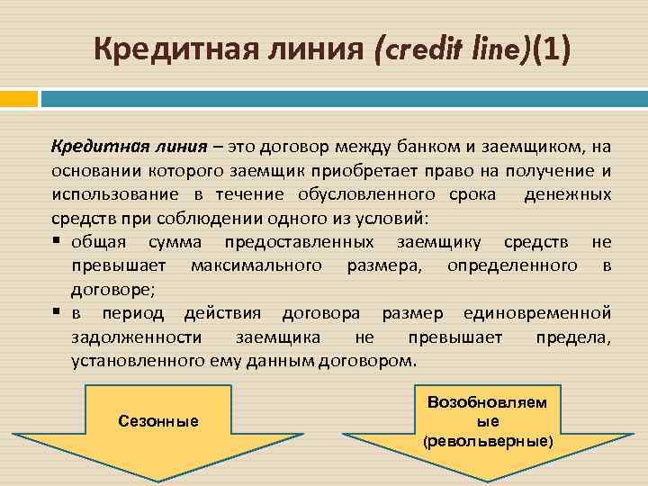 Кредитная линия (credit line)(1) Кредитная линия – это договор между банком и заемщиком, на