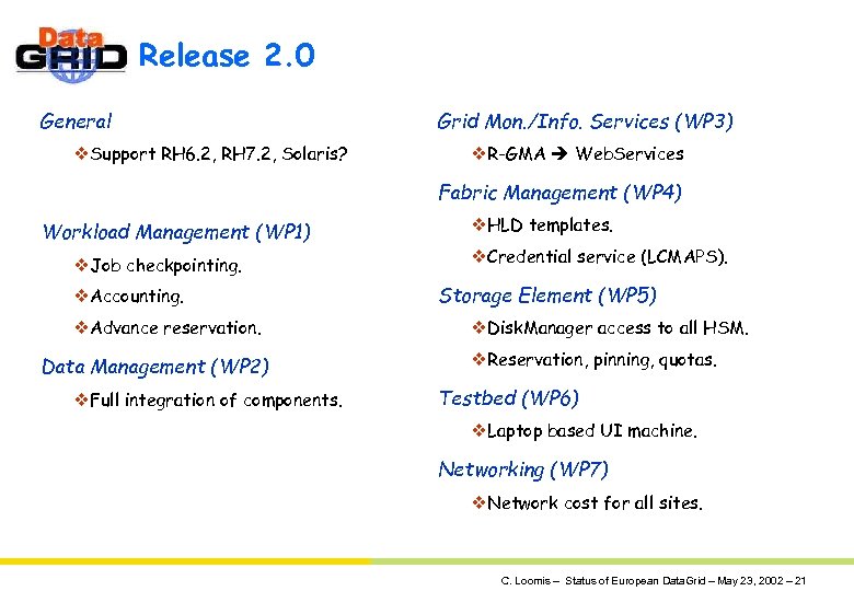 Release 2. 0 General v. Support RH 6. 2, RH 7. 2, Solaris? Grid