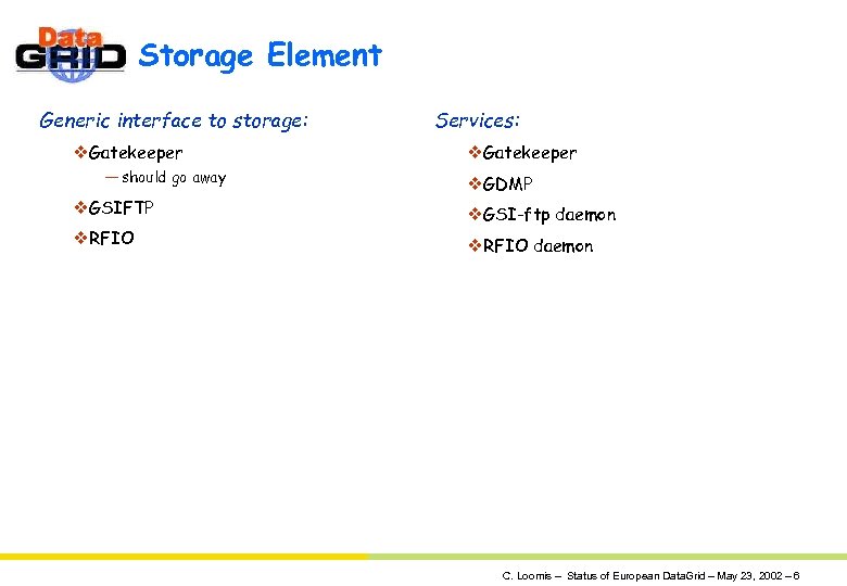 Storage Element Generic interface to storage: v. Gatekeeper — should go away v. GSIFTP