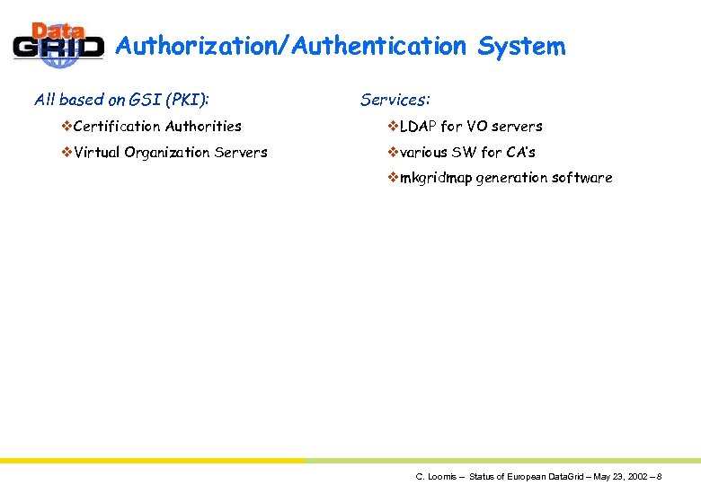 Authorization/Authentication System All based on GSI (PKI): Services: v. Certification Authorities v. LDAP for