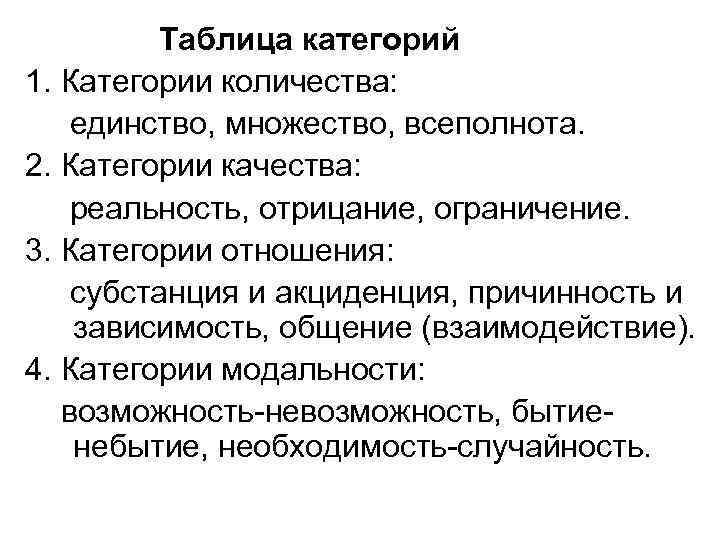 Таблица категорий 1. Категории количества: единство, множество, всеполнота. 2. Категории качества: реальность, отрицание, ограничение.
