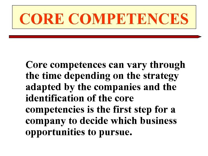 CORE COMPETENCES Core competences can vary through the time depending on the strategy adapted