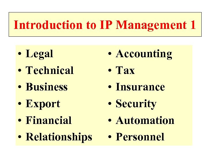 Introduction to IP Management 1 • • • Legal Technical Business Export Financial Relationships