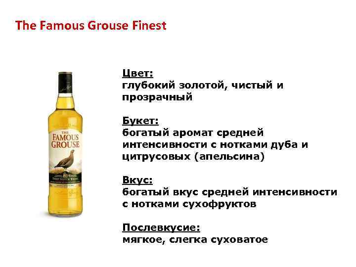 The Famous Grouse Finest Цвет: глубокий золотой, чистый и прозрачный Букет: богатый аромат средней