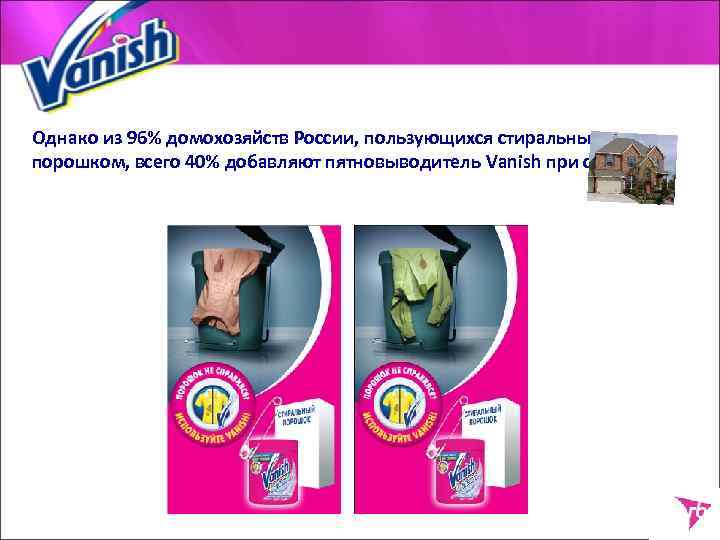 Однако из 96% домохозяйств России, пользующихся стиральным порошком, всего 40% добавляют пятновыводитель Vanish при