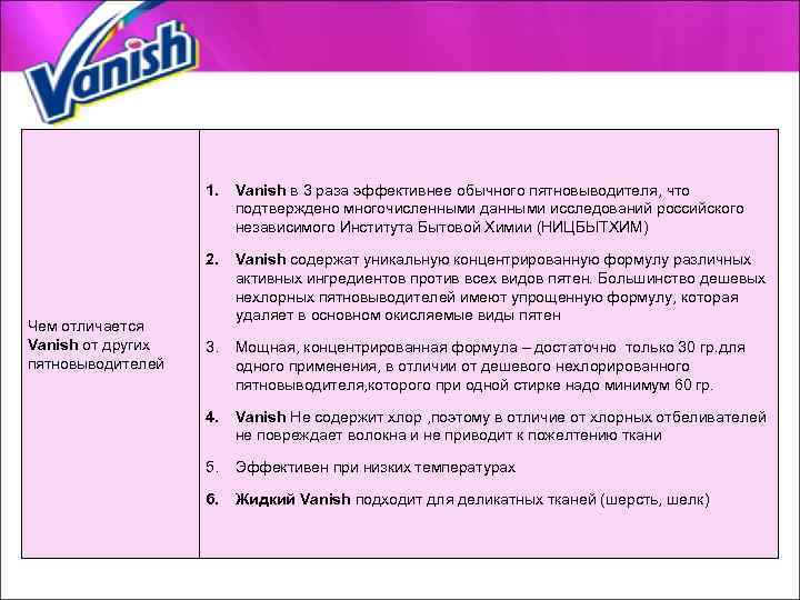 1. 2. Чем отличается Vanish от других пятновыводителей Vanish в 3 раза эффективнее обычного