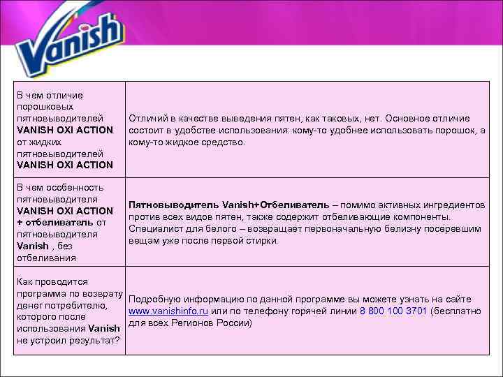 В чем отличие порошковых пятновыводителей VANISH OXI ACTION от жидких пятновыводителей VANISH OXI ACTION