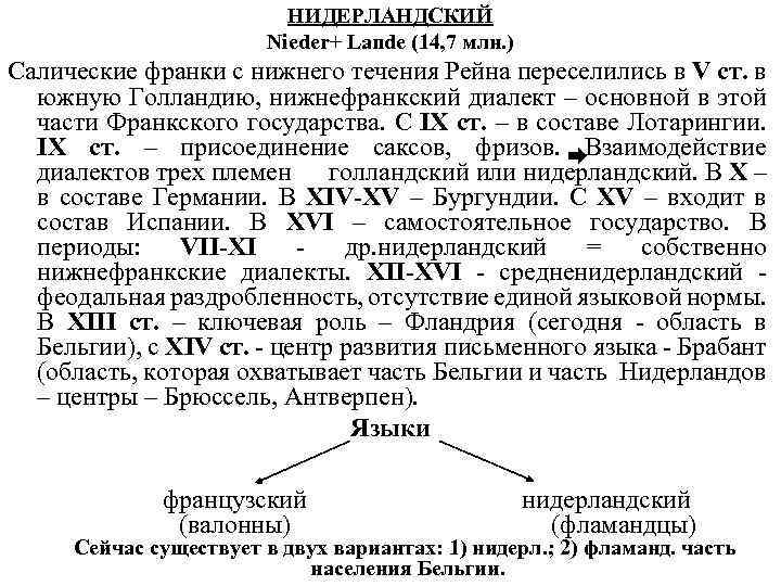 НИДЕРЛАНДСКИЙ Nieder+ Lande (14, 7 млн. ) Салические франки с нижнего течения Рейна переселились