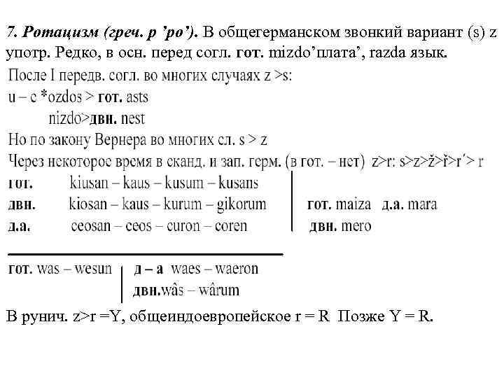 7. Ротацизм (греч. р ’ро’). В общегерманском звонкий вариант (s) z употр. Редко, в