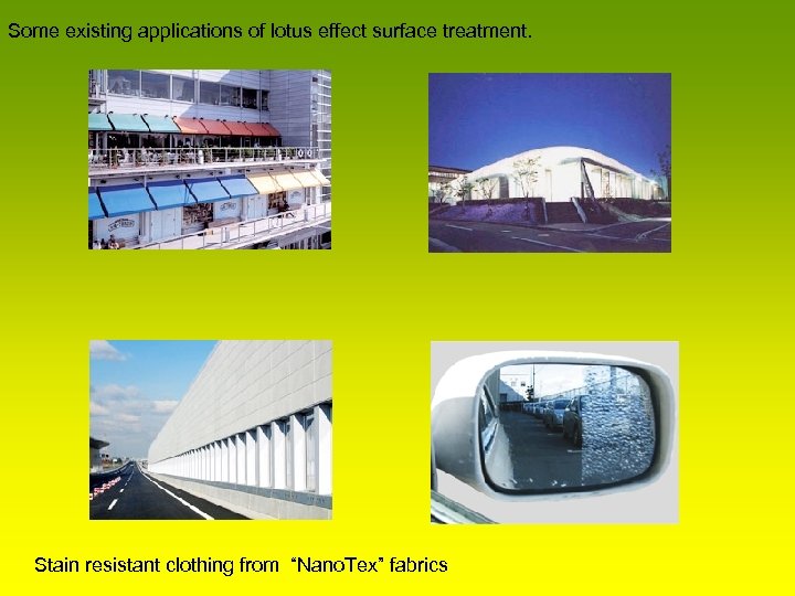 Some existing applications of lotus effect surface treatment. Stain resistant clothing from “Nano. Tex”