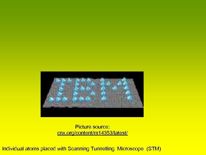 Picture source: cnx. org/content/m 14353/latest/ Individual atoms placed with Scanning Tunnelling Microscope (STM) 