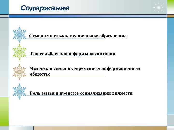 Содержание Семья как сложное социальное образование Тип семей, стили и формы воспитания Человек и