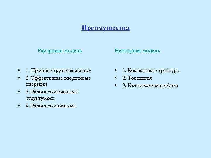 Преимущества Растровая модель • • 1. Простая структура данных 2. Эффективные оверлейные операции 3.