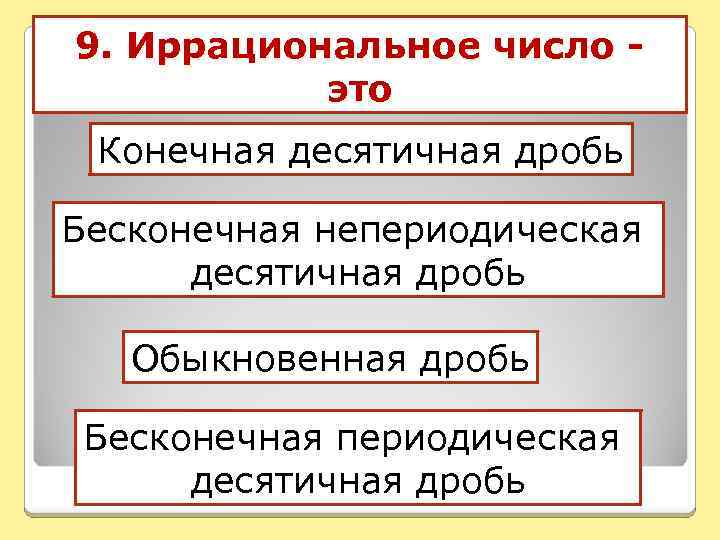 9. Иррациональное число это Конечная десятичная дробь Бесконечная непериодическая десятичная дробь Обыкновенная дробь Бесконечная