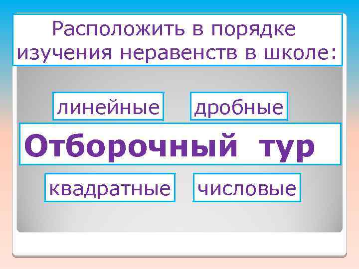 Расположить в порядке изучения неравенств в школе: линейные дробные Отборочный тур квадратные числовые 