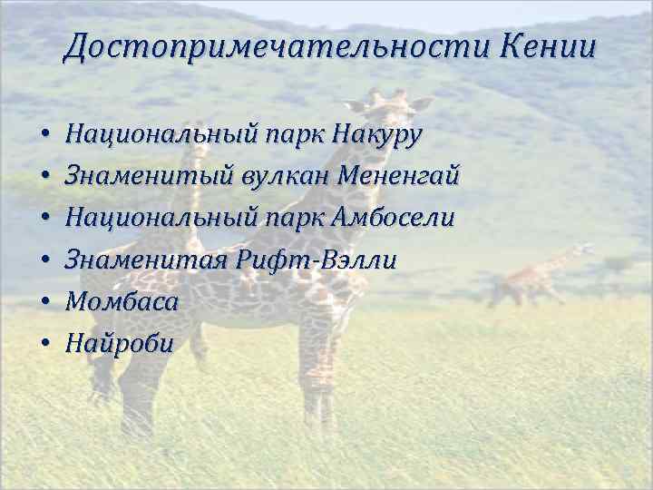 Достопримечательности Кении • • • Национальный парк Накуру Знаменитый вулкан Мененгай Национальный парк Амбосели