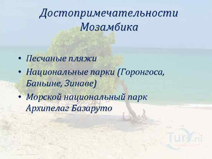Достопримечательности Мозамбика • Песчаные пляжи • Национальные парки (Горонгоса, Баньине, Зинаве) • Морской национальный