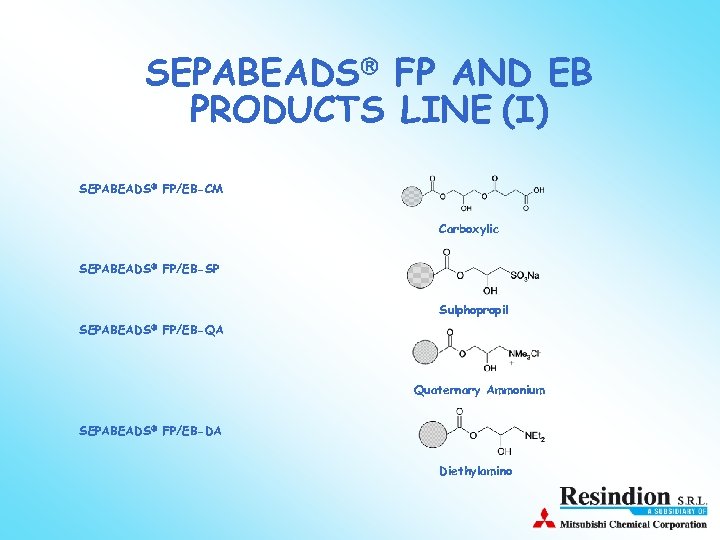 SEPABEADS FP AND EB PRODUCTS LINE (I) SEPABEADS FP/EB-CM Carboxylic SEPABEADS FP/EB-SP Sulphopropil SEPABEADS