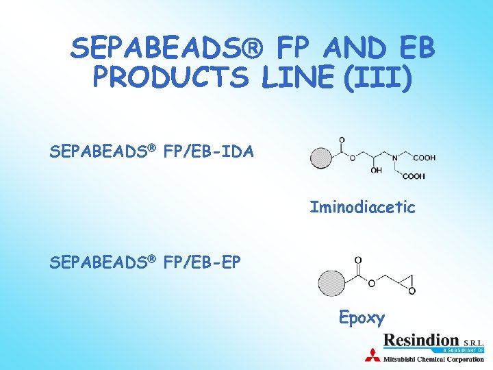SEPABEADS FP AND EB PRODUCTS LINE (III) SEPABEADS FP/EB-IDA Iminodiacetic SEPABEADS FP/EB-EP Epoxy 