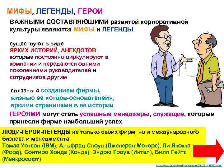 МИФЫ, ЛЕГЕНДЫ, ГЕРОИ ВАЖНЫМИ СОСТАВЛЯЮЩИМИ развитой корпоративной культуры являются МИФЫ и ЛЕГЕНДЫ существуют в