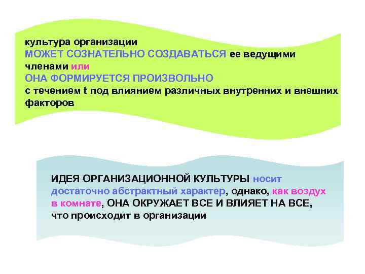 культура организации МОЖЕТ СОЗНАТЕЛЬНО СОЗДАВАТЬСЯ ее ведущими членами или ОНА ФОРМИРУЕТСЯ ПРОИЗВОЛЬНО с течением