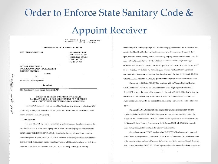 Order to Enforce State Sanitary Code & Appoint Receiver 