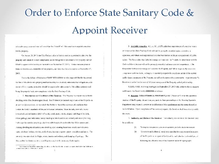 Order to Enforce State Sanitary Code & Appoint Receiver 