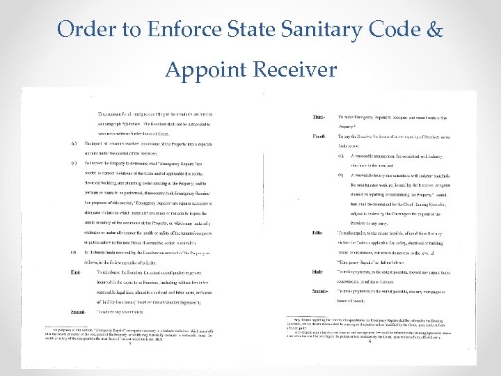 Order to Enforce State Sanitary Code & Appoint Receiver 