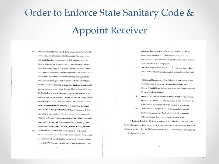 Order to Enforce State Sanitary Code & Appoint Receiver 