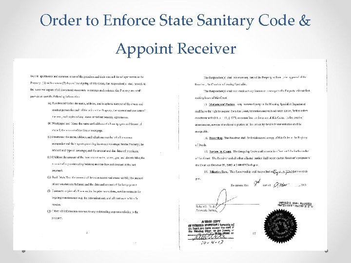 Order to Enforce State Sanitary Code & Appoint Receiver 