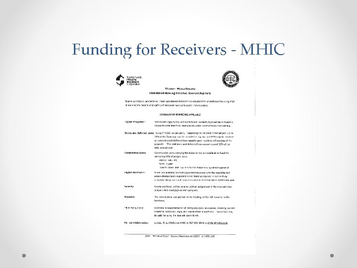 Funding for Receivers - MHIC 