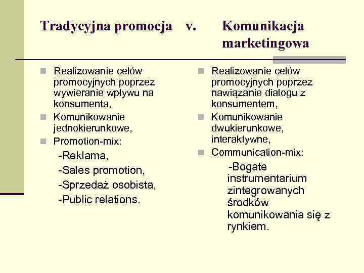 Tradycyjna promocja v. n Realizowanie celów promocyjnych poprzez wywieranie wpływu na konsumenta, n Komunikowanie