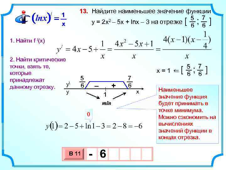 (lnx) = / 13. Найдите наименьшее значение функции 5 7 y = 2 х2