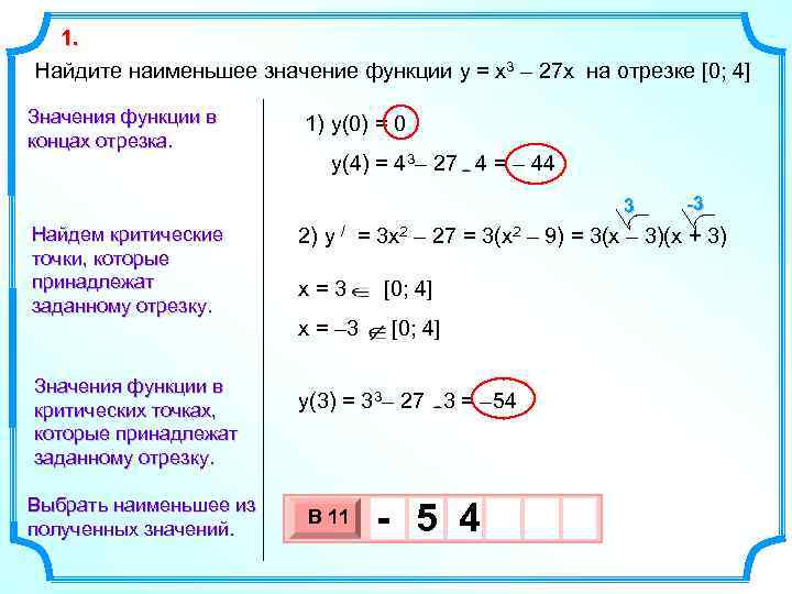 1. Найдите наименьшее значение функции y = x 3 – 27 x на отрезке