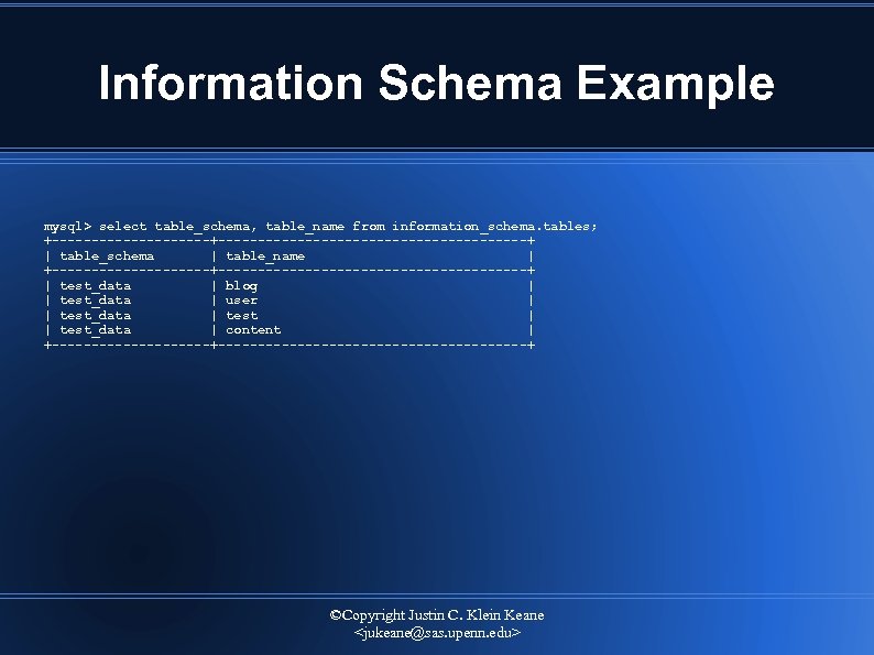 Information Schema Example mysql> select table_schema, table_name from information_schema. tables; +------------------------------+ | table_schema |