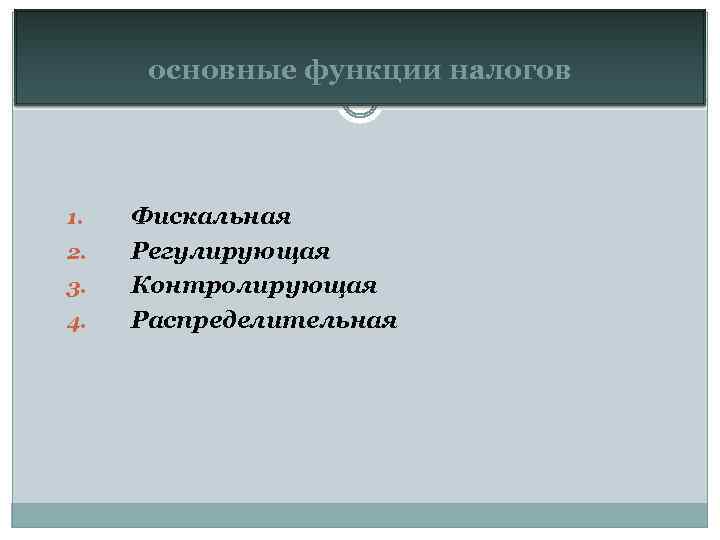 основные функции налогов 1. 2. 3. 4. Фискальная Регулирующая Контролирующая Распределительная 