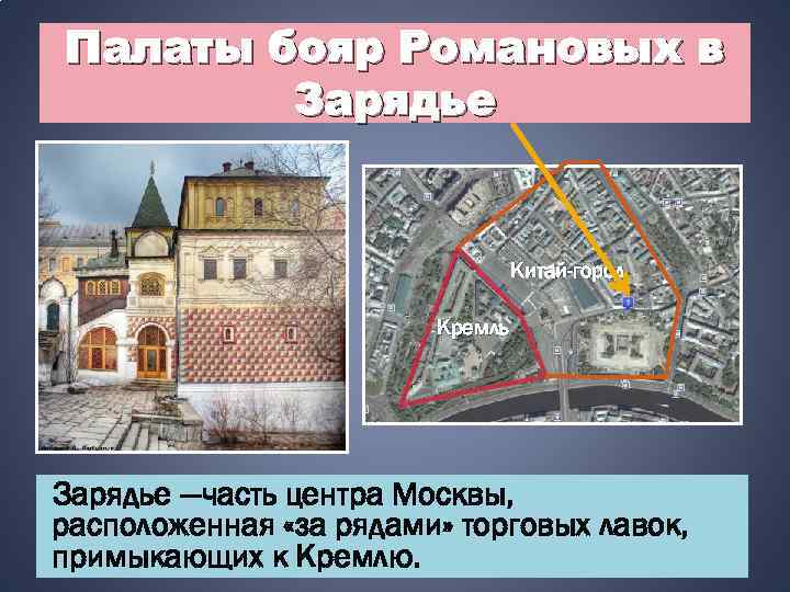 Палаты бояр Романовых в Зарядье Китай-город Кремль Зарядье —часть центра Москвы, расположенная «за рядами»