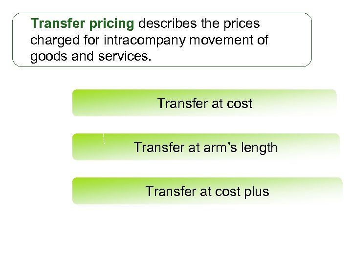 Transfer pricing describes the prices charged for intracompany movement of goods and services. Transfer
