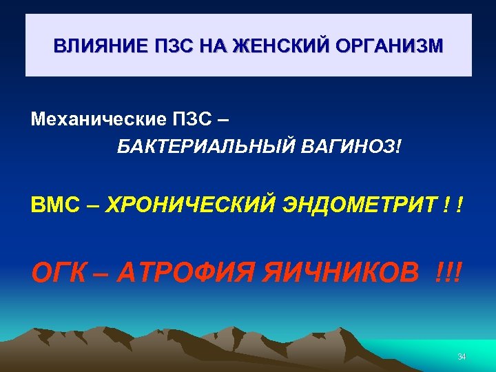 ВЛИЯНИЕ ПЗС НА ЖЕНСКИЙ ОРГАНИЗМ Механические ПЗС – БАКТЕРИАЛЬНЫЙ ВАГИНОЗ! ВМС – ХРОНИЧЕСКИЙ ЭНДОМЕТРИТ