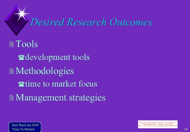Desired Research Outcomes Tools development tools Methodologies time to market focus Management Karl Reed